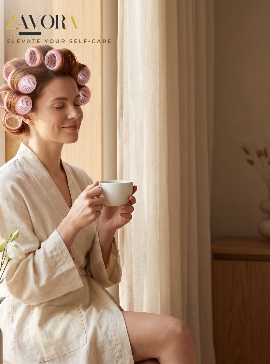 ZAVORA Hair Rollers in a calm self-care ritual